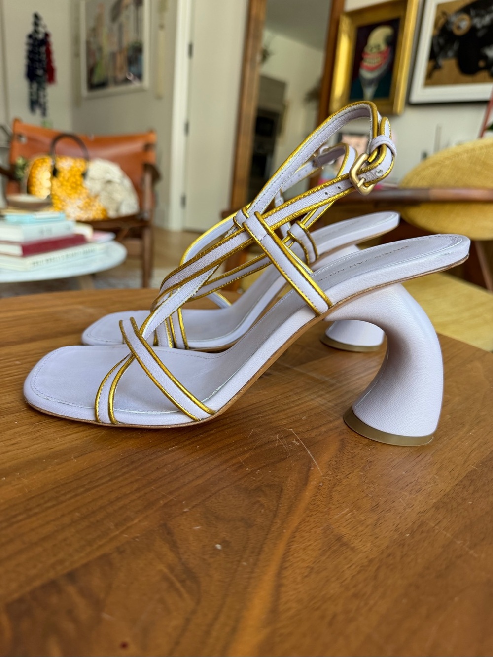 Dries Van Noten Leather Striped Slingback Sandals Purple & Gold US 8